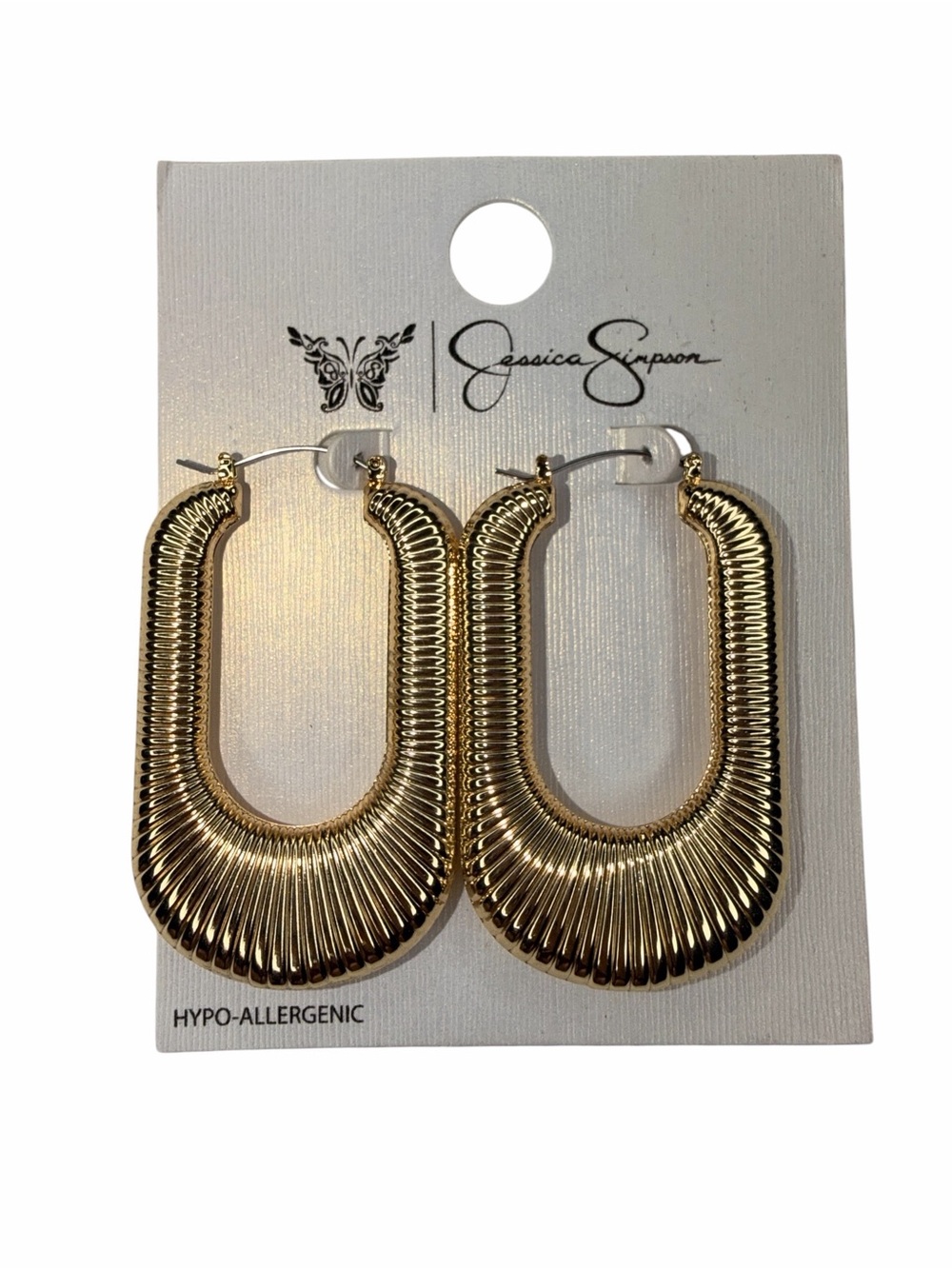 NWT Jessica Simpson Gold Ribbed Rectangular Hoop Earrings Hypoallergenic